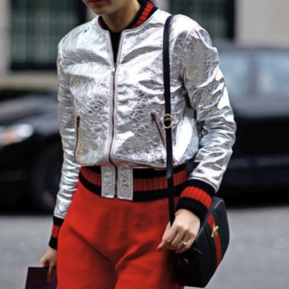 Gucci Resort 2016 Crackled Bomber Jacket Femme Silver IT 40